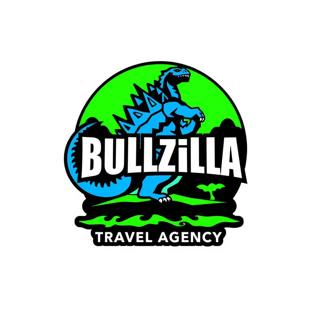 Bullzilla Travel Agency logo featuring bold adventure-themed design with electric blue and tropical green colors