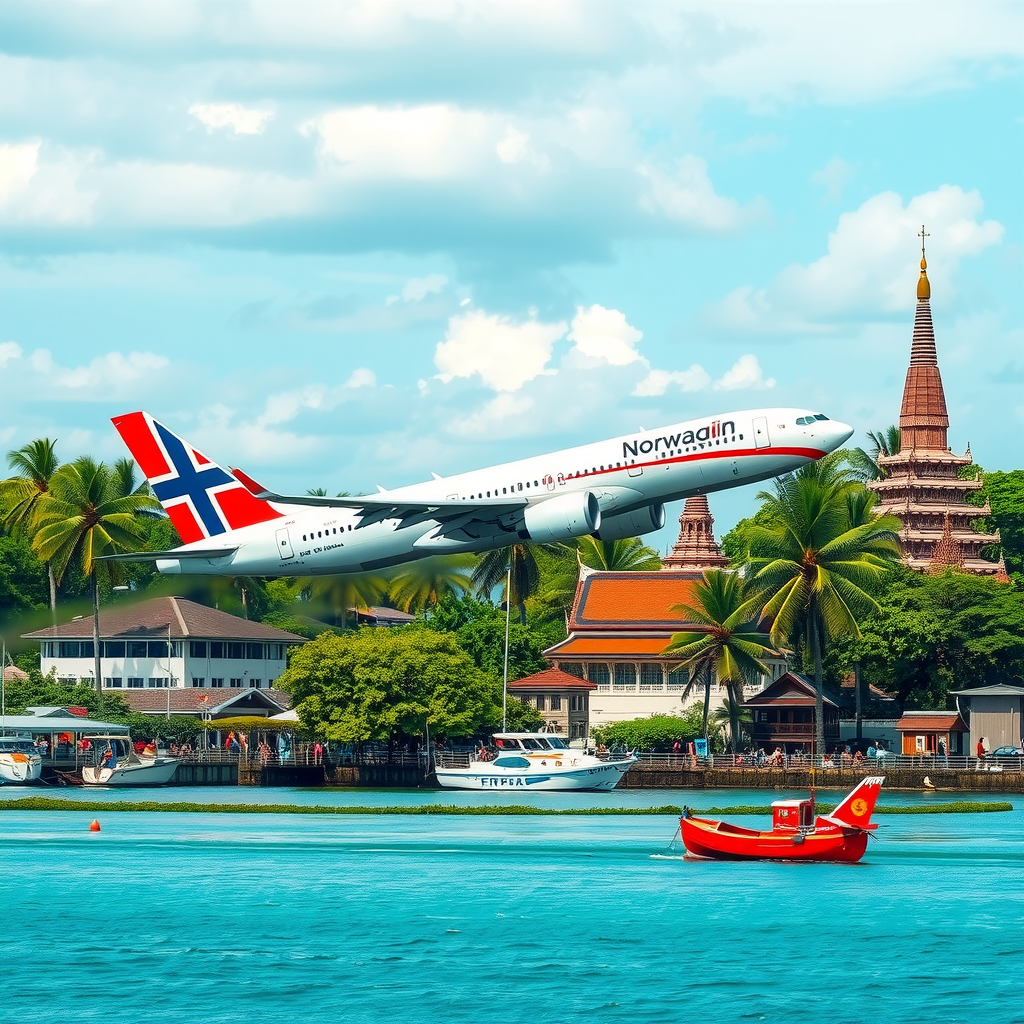 Modern aircraft taking off from Oslo Airport with Norwegian flag visible, heading towards tropical Southeast Asian destinations with palm trees and temples in the background montage