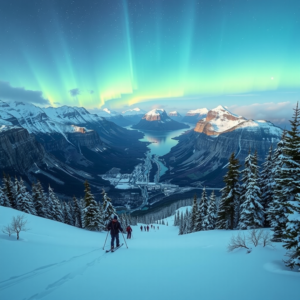 Spectacular winter landscape showing skiers descending pristine snow-covered slopes in Norwegian mountains with dramatic fjords and aurora borealis in the background