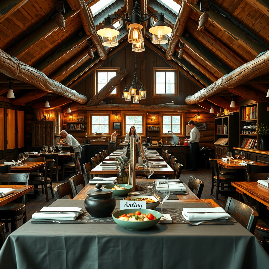 Traditional Norwegian restaurant interior with rustic wooden tables, authentic Nordic decor, and chefs preparing traditional dishes using ancient cooking methods in a cozy mountain lodge setting