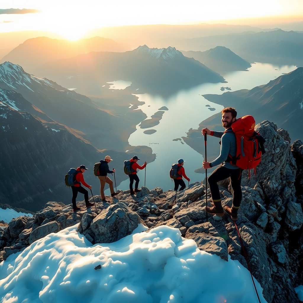 Adventurous hikers climbing rocky mountain peaks in Norway with professional guide equipment, dramatic fjord landscapes in background, sunrise lighting