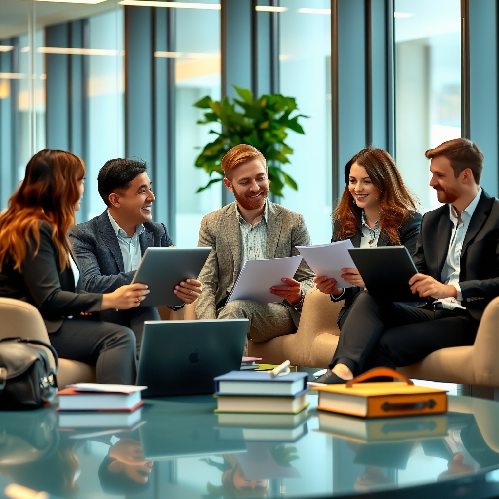 Professional business travelers in modern office setting discussing travel plans with laptops and documents