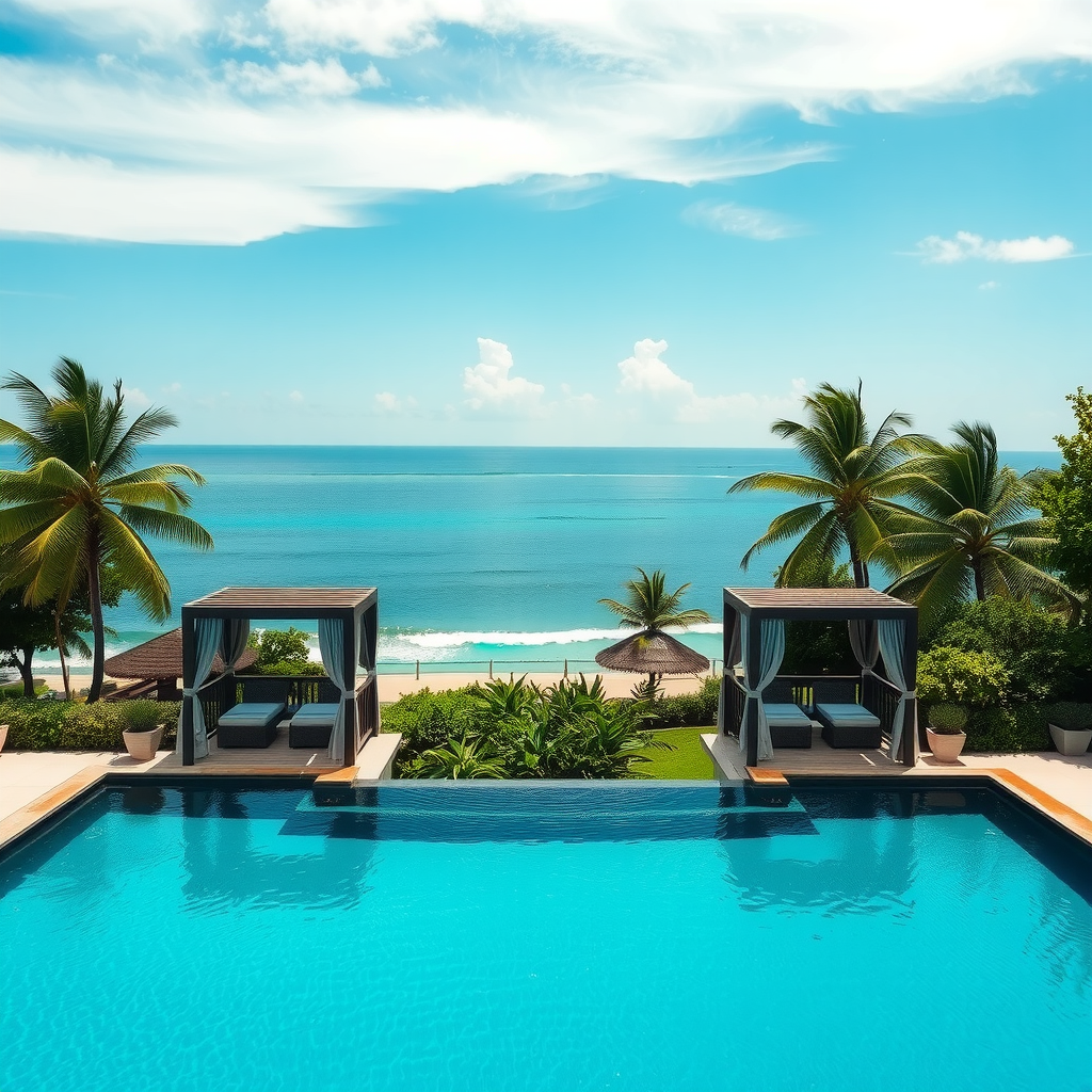 Luxury infinity pool overlooking pristine ocean with private cabanas and tropical landscape at exclusive resort