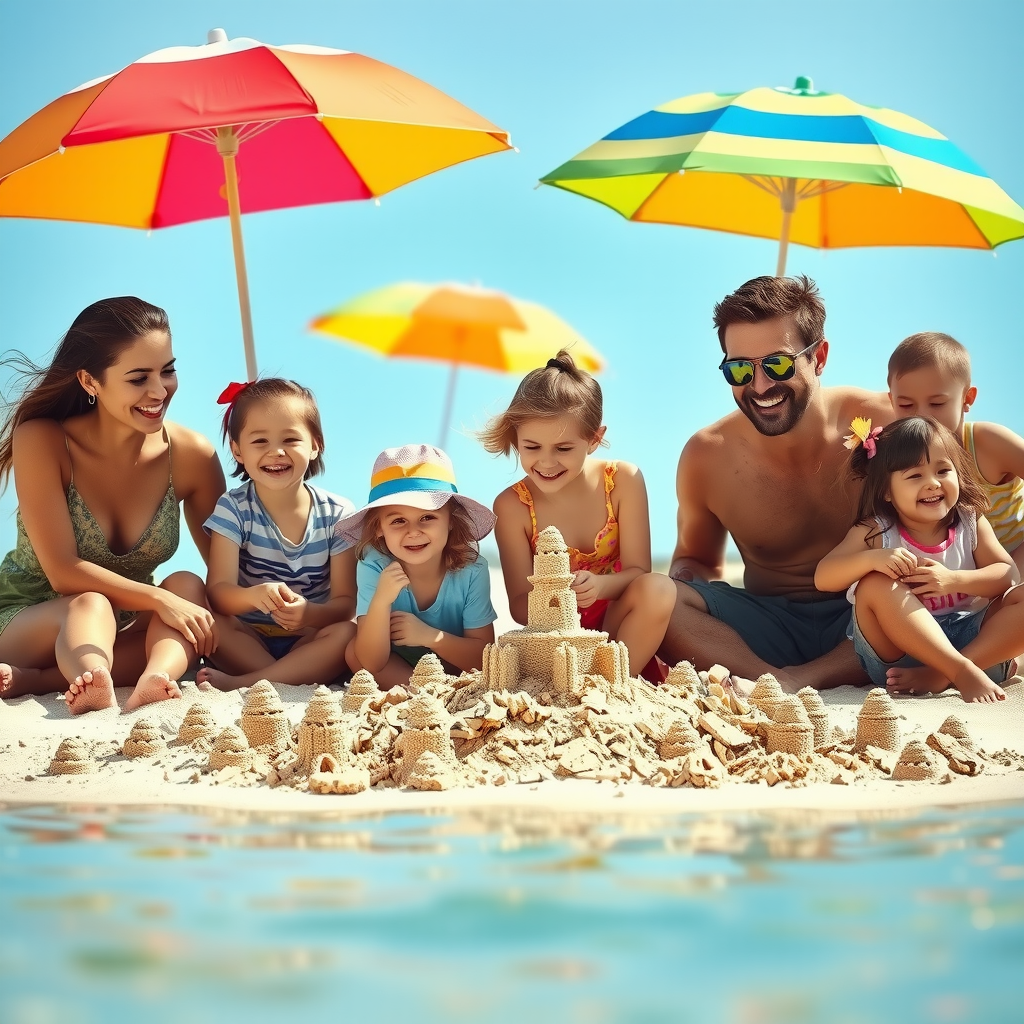 Happy family of four enjoying a sunny beach vacation with children building sandcastles and parents relaxing under colorful umbrellas