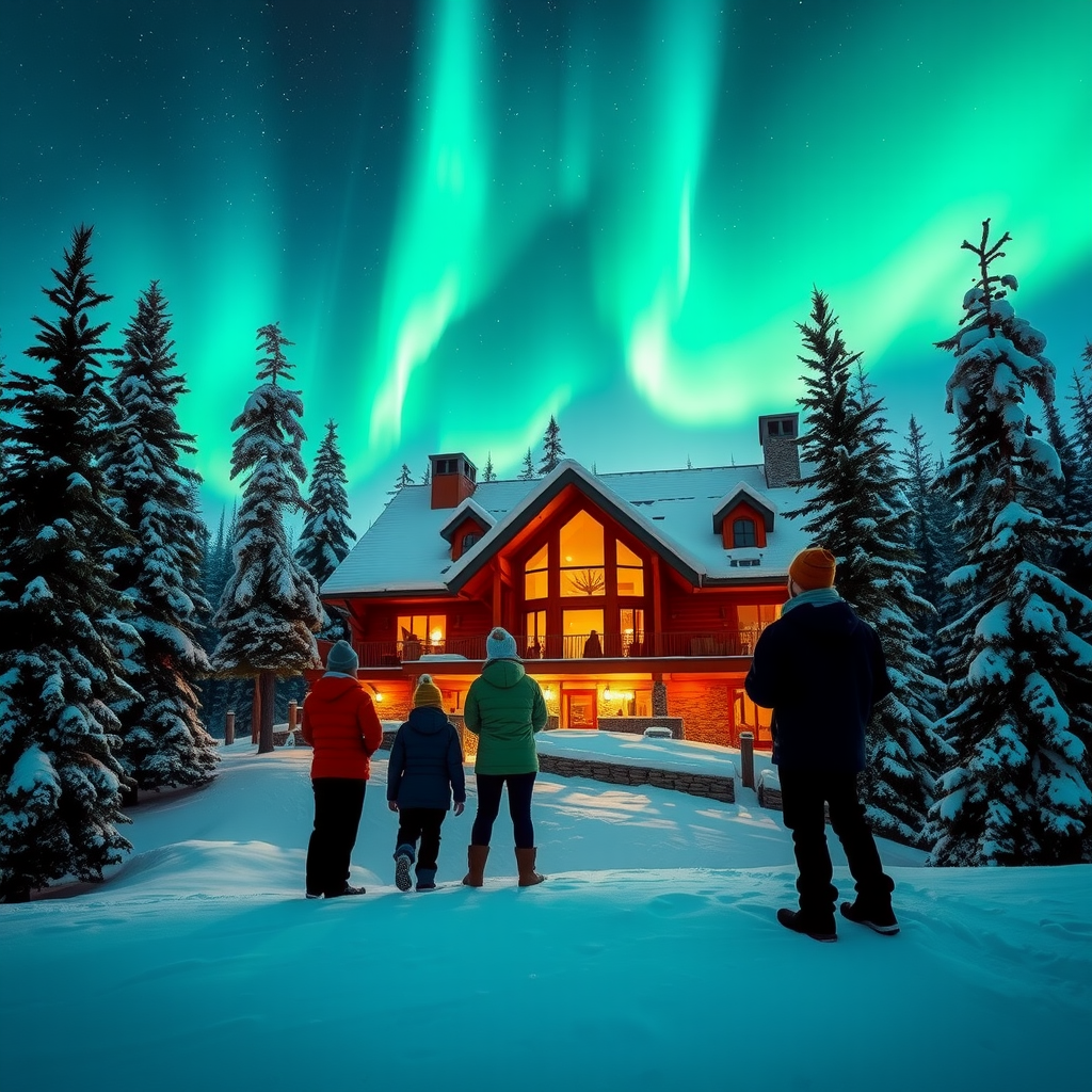 Tourists in warm winter clothing standing on a snowy hill watching the northern lights dance overhead, with a cozy wooden lodge glowing warmly in the background and snow-covered pine trees framing the scene