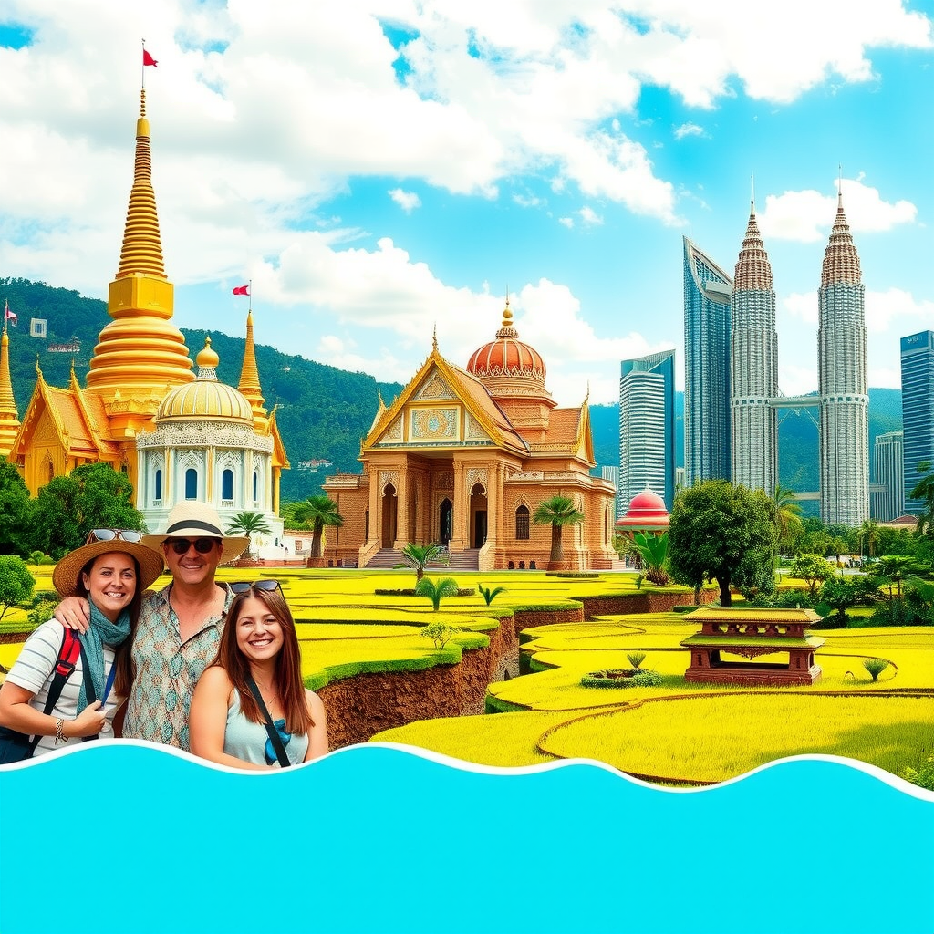 Collage showing iconic Southeast Asian landmarks including Thai temples with golden spires, Vietnamese rice terraces, and Malaysian Petronas Towers, with happy Norwegian tourists exploring these destinations
