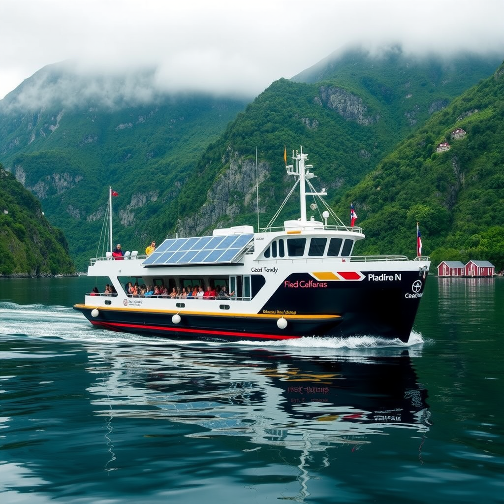 Modern eco-friendly tour boat with solar panels and electric propulsion system navigating through a Norwegian fjord, demonstrating sustainable tourism technology in action