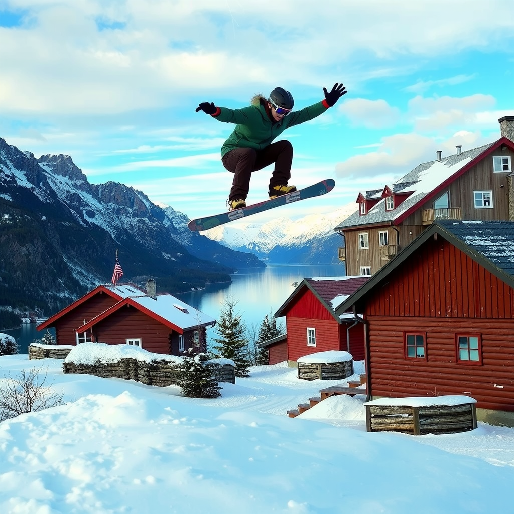Professional snowboarder performing aerial tricks against backdrop of Norwegian fjords with snow-capped peaks and traditional red wooden cabins