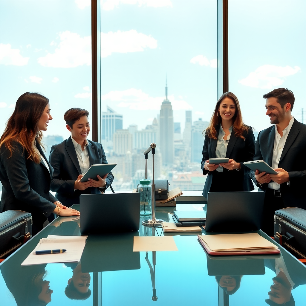 Professional business travelers in modern conference room with laptops and documents, corporate meeting setup with city skyline view, executive travel arrangements