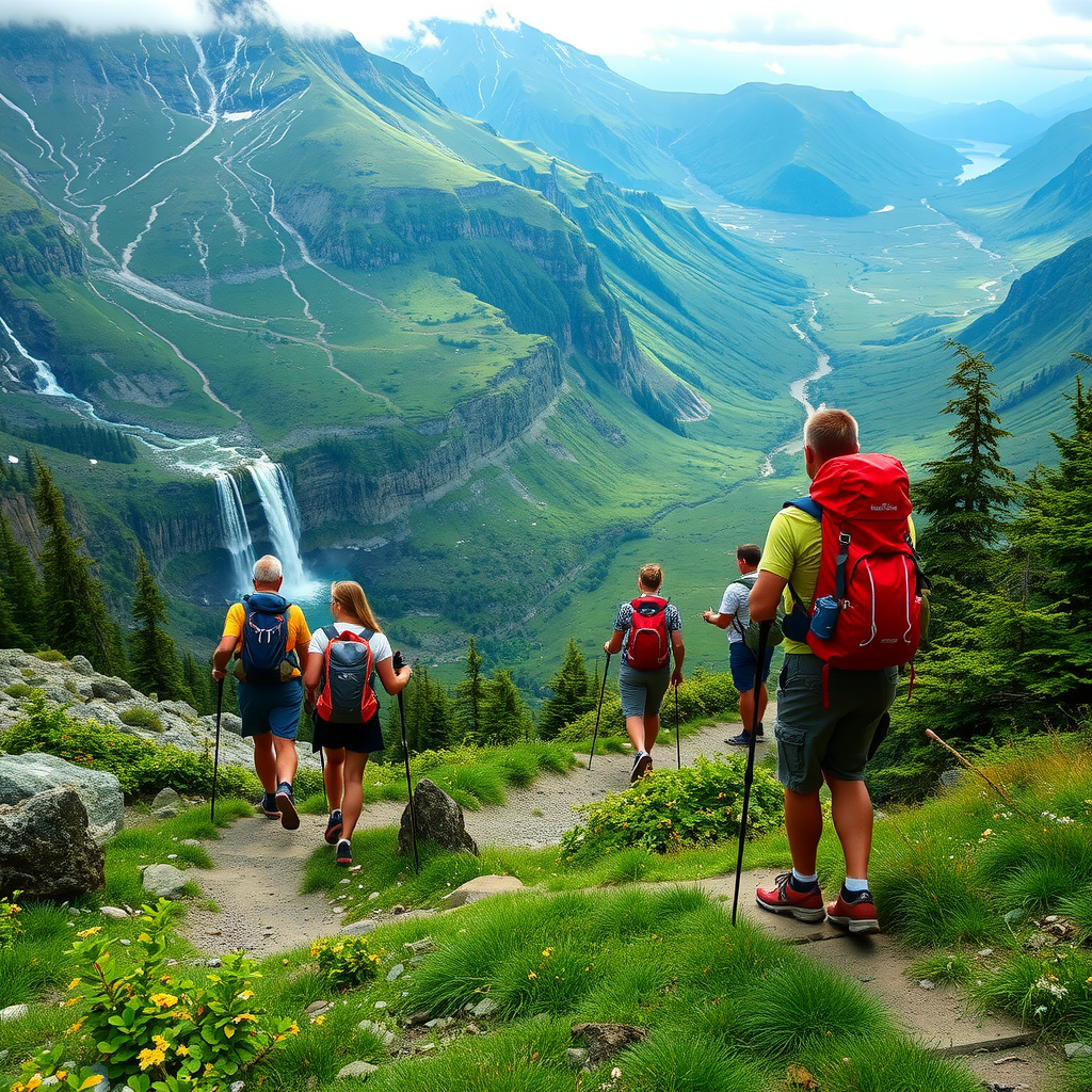 Group of hikers with backpacks and trekking poles walking along a scenic Norwegian mountain trail with dramatic waterfalls and green valleys in the background