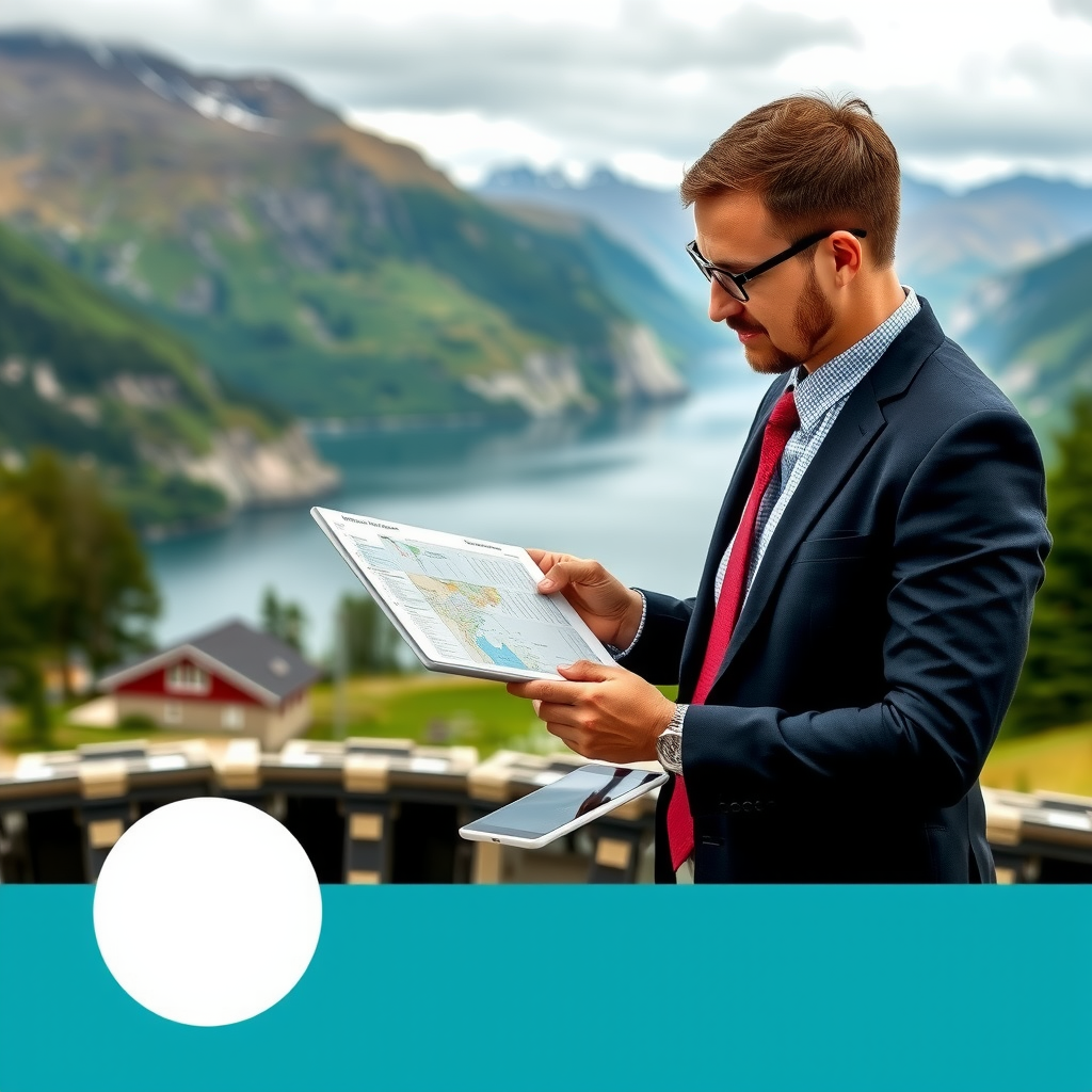Business professional reviewing detailed travel itinerary on tablet with Norwegian landscape in background