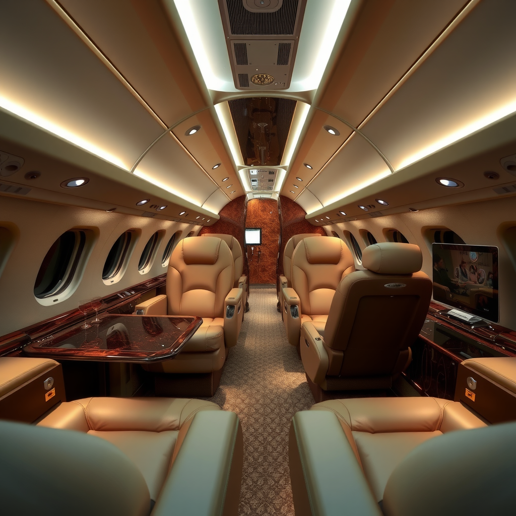 Luxurious private jet interior with leather seating, elegant lighting, and premium amenities for exclusive travel experience
