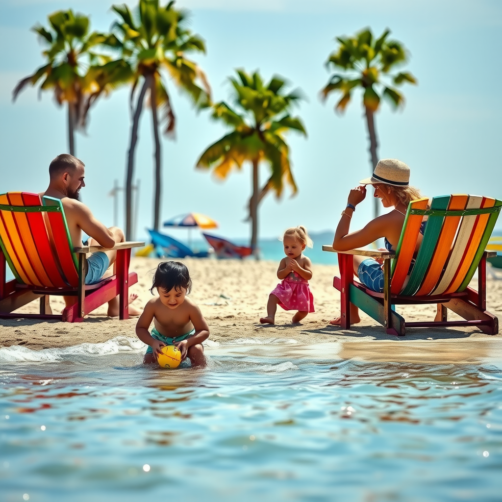 Family enjoying beach activities with children playing in shallow waves while parents watch from colorful beach chairs under palm trees