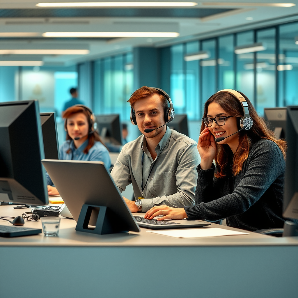 Dedicated travel insurance support team working in a modern call center, providing 24/7 assistance to travelers worldwide with emergency situations and travel guidance