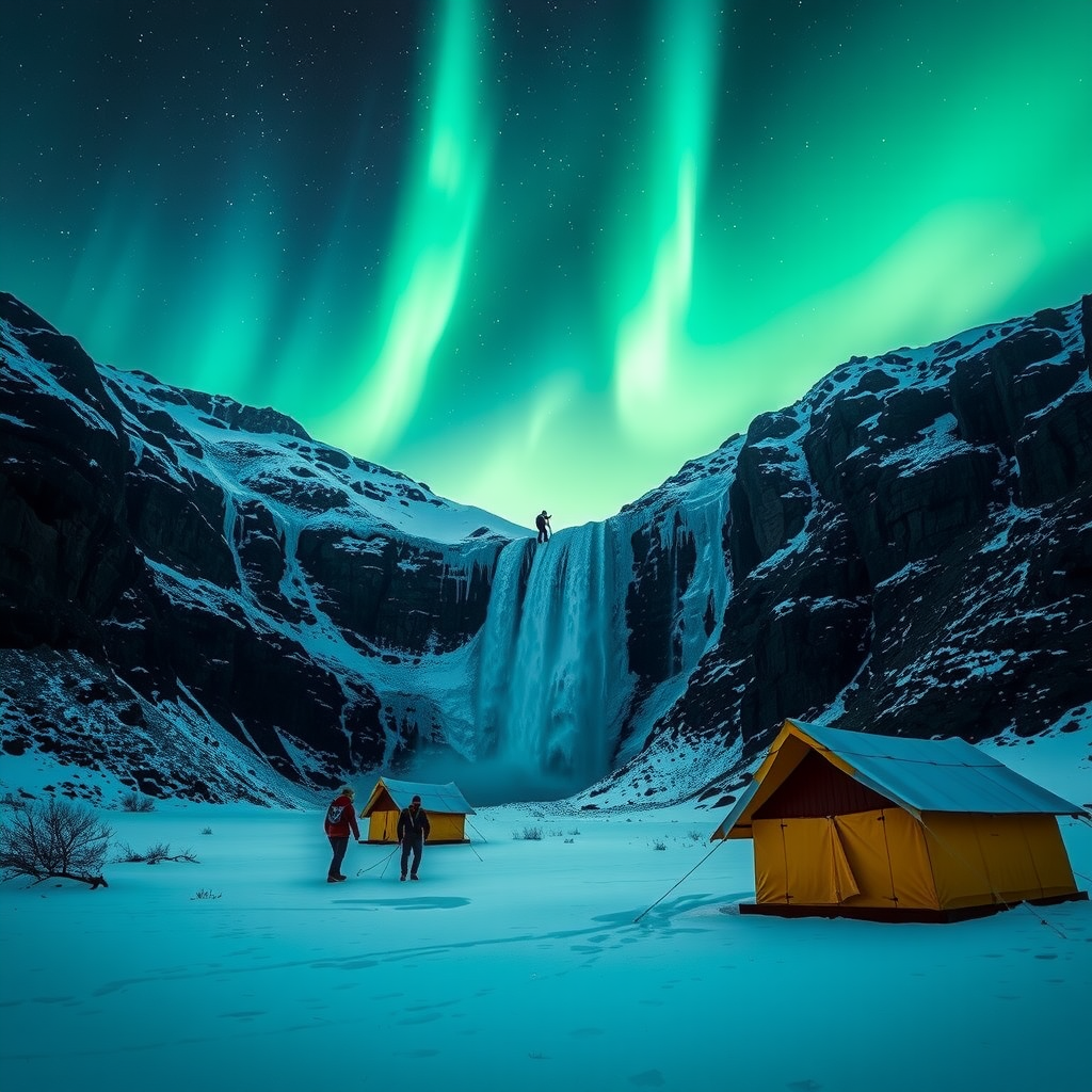 Ice climbers scaling frozen waterfalls in dramatic Norwegian landscape with northern lights dancing overhead and traditional Sami tents in foreground