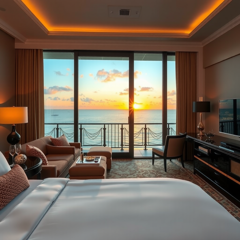 Elegant luxury hotel suite with panoramic ocean view, premium amenities, champagne service, private balcony with sunset, five-star accommodation interior
