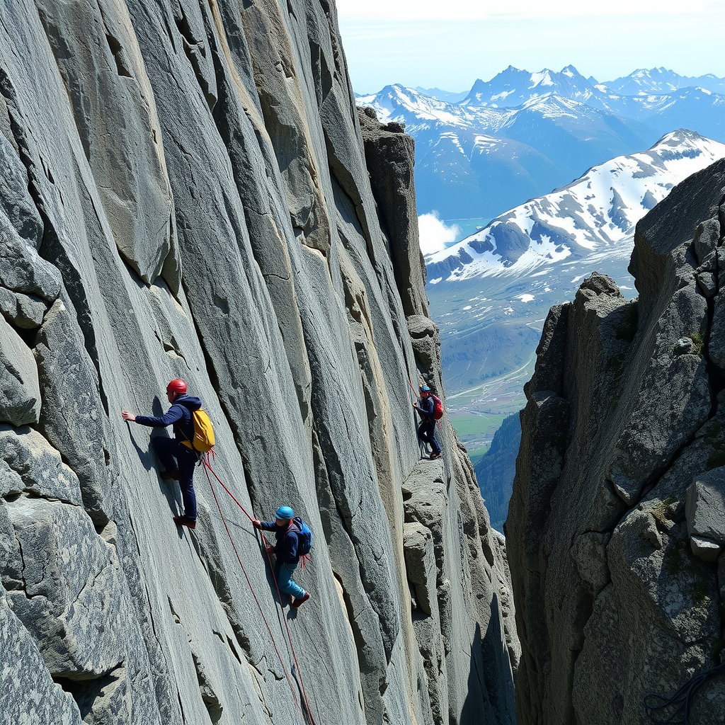 Rock climbers using ropes and harnesses ascending a steep granite cliff face in Norwegian mountains with snow-covered peaks visible in the distance