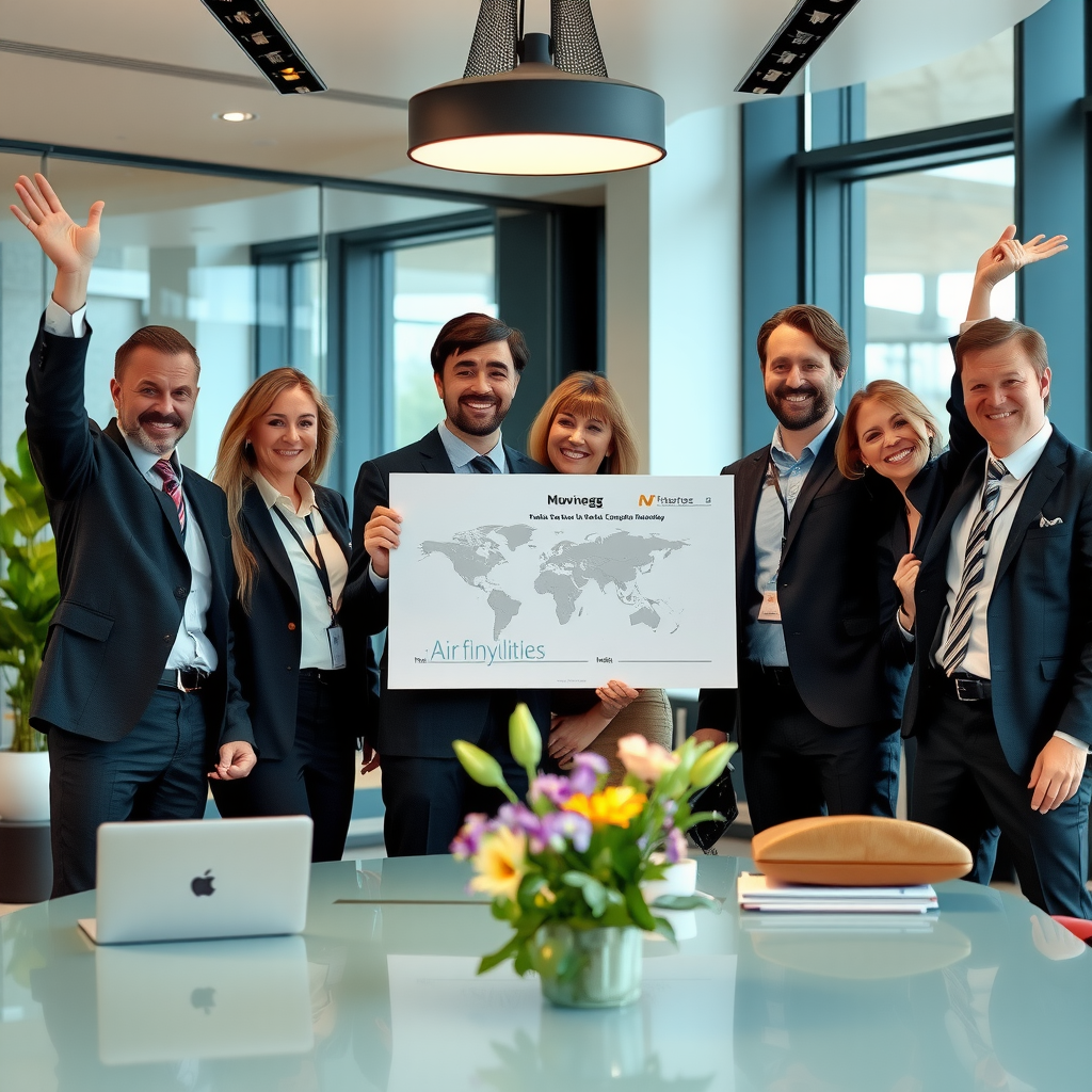 Professional business team celebrating successful corporate travel arrangement in modern Norwegian office
