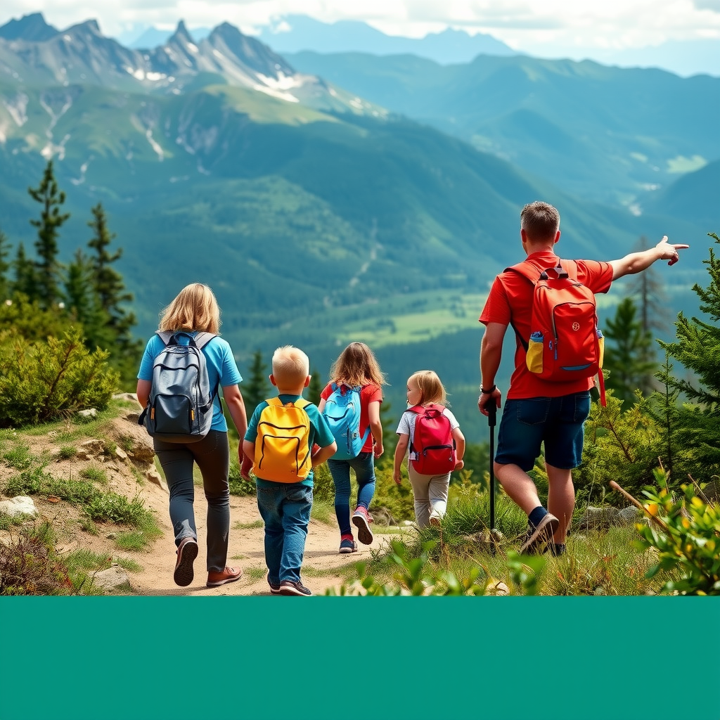 Family hiking on mountain trail with children wearing colorful backpacks and parents pointing out wildlife and scenic mountain views