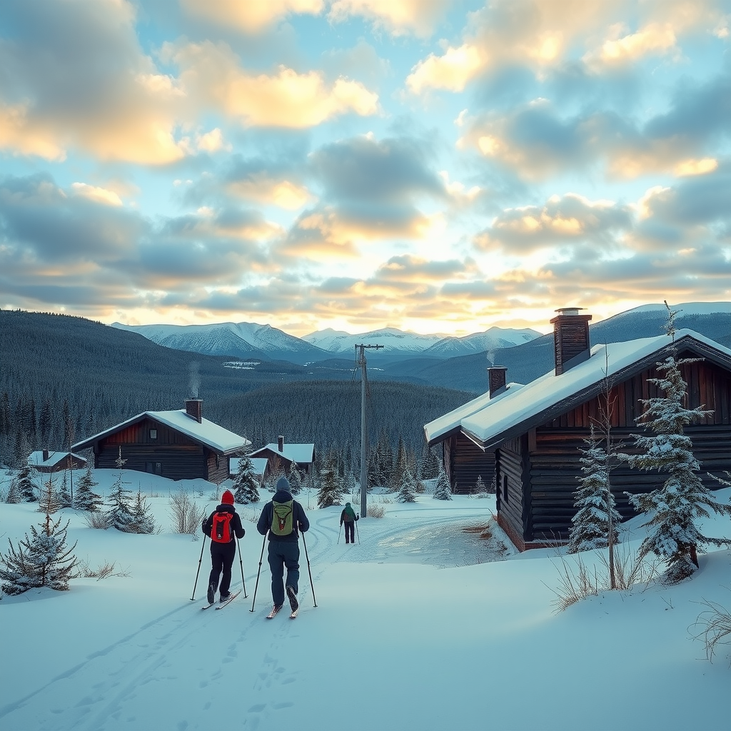 Panoramic view of cross-country skiers traversing vast snowy wilderness under dramatic Nordic sky with traditional wooden lodges and smoke rising from chimneys