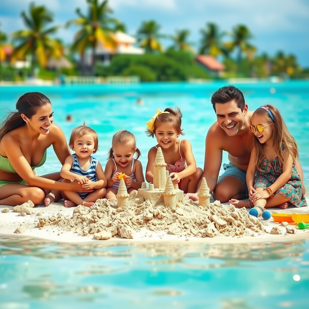 Happy family with children playing on beautiful beach, parents and kids building sandcastles, colorful beach toys, tropical paradise setting, family bonding activities
