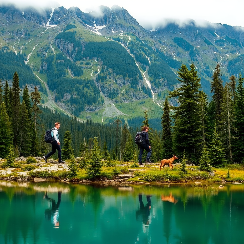 Adventure travelers with backpacks exploring a remote Norwegian wilderness area with pristine lakes, dense forests, and wildlife in their natural habitat