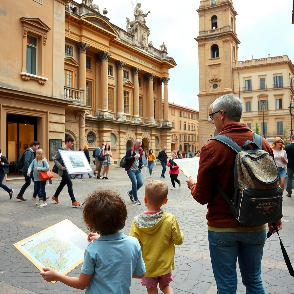 Family exploring historic city center with children looking at ancient architecture while parents read informational plaques and maps