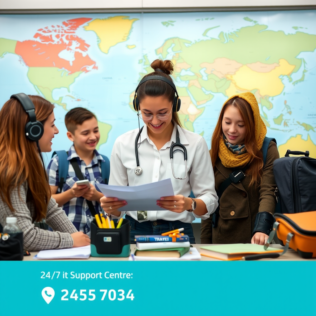 Professional travel insurance consultant reviewing documents with travelers, safety equipment and emergency contact information, 24/7 support center with world map background