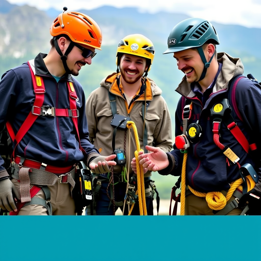 Professional adventure guide demonstrating safety equipment including climbing harnesses, helmets, ropes, and emergency communication devices in a mountain setting