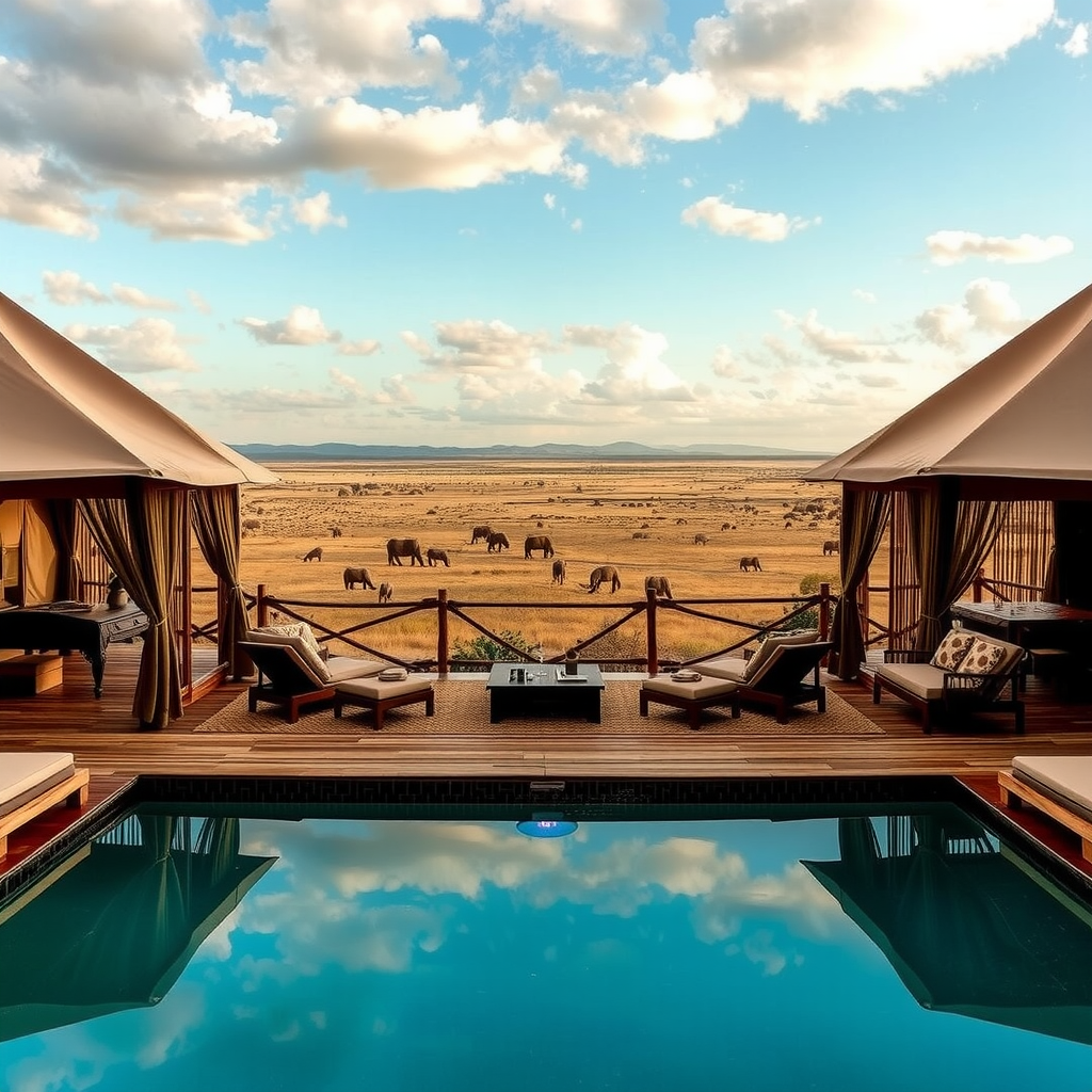 Exclusive African safari lodge with panoramic savanna views and luxury tented accommodations for premium wildlife experiences
