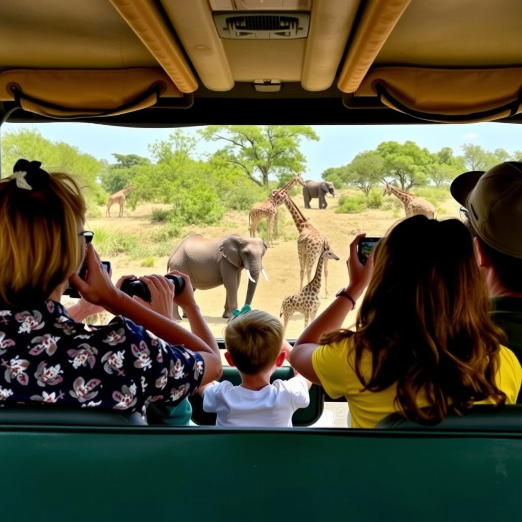 Family on safari watching elephants and giraffes from safe distance in open vehicle with children using binoculars and parents taking photos
