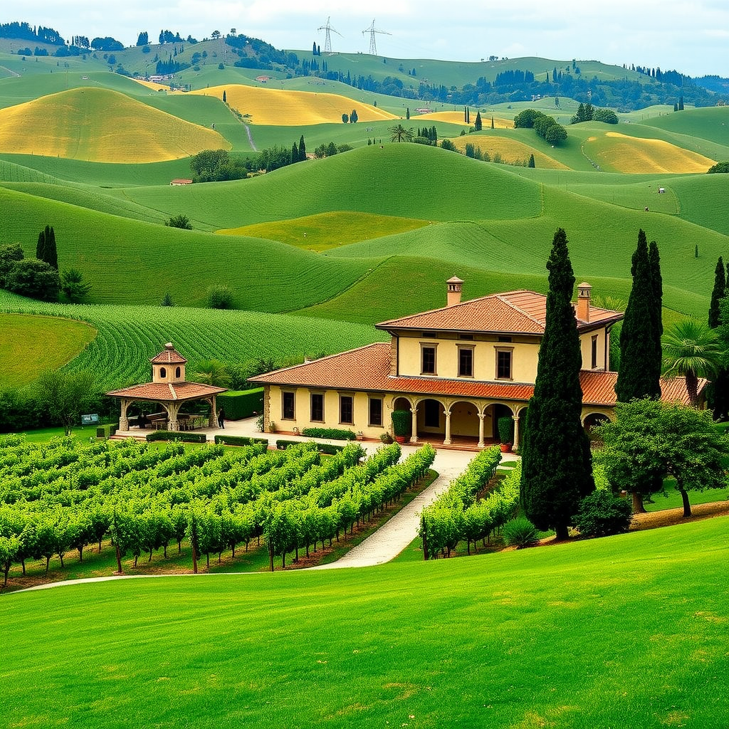 Luxury Tuscany wine estate with rolling vineyard hills, historic villa architecture, and premium wine tasting experiences