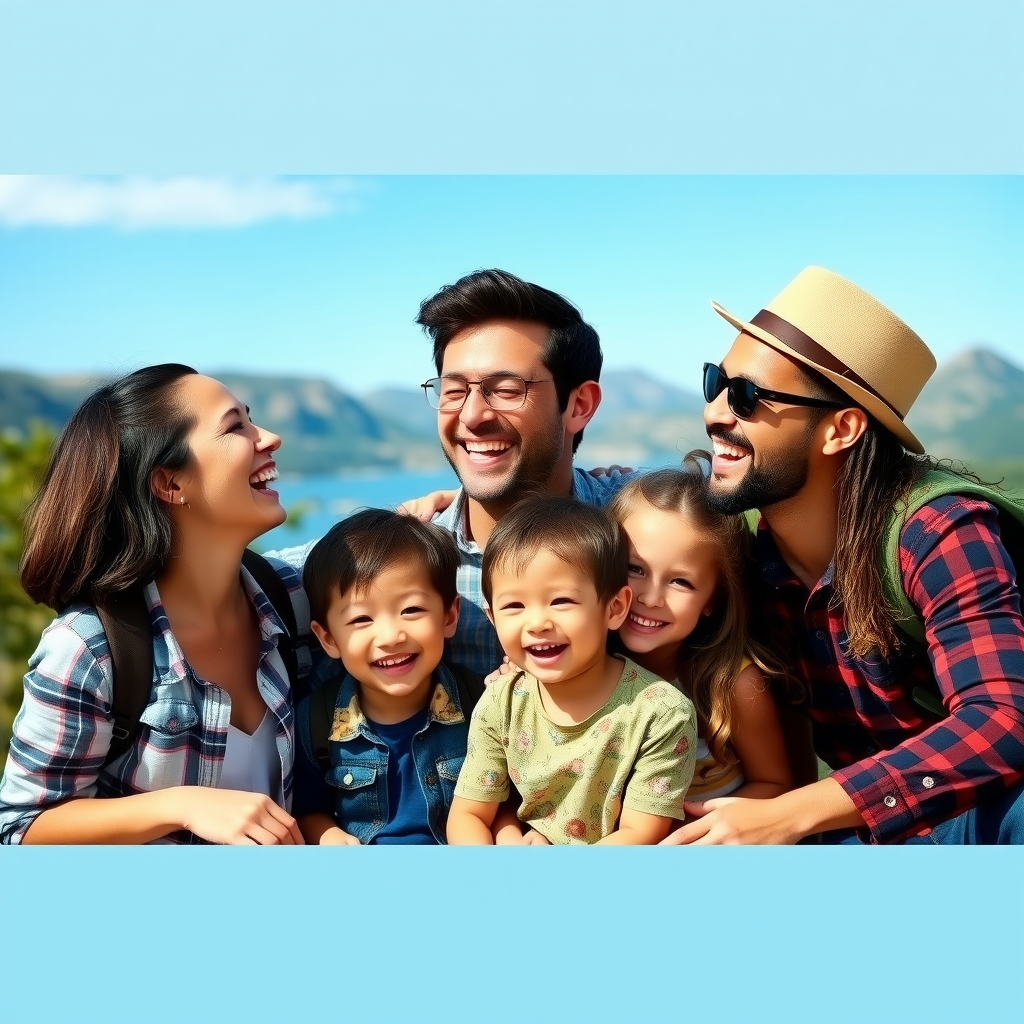 Joyful family of parents and two children laughing together during vacation with scenic mountain backdrop and clear blue sky