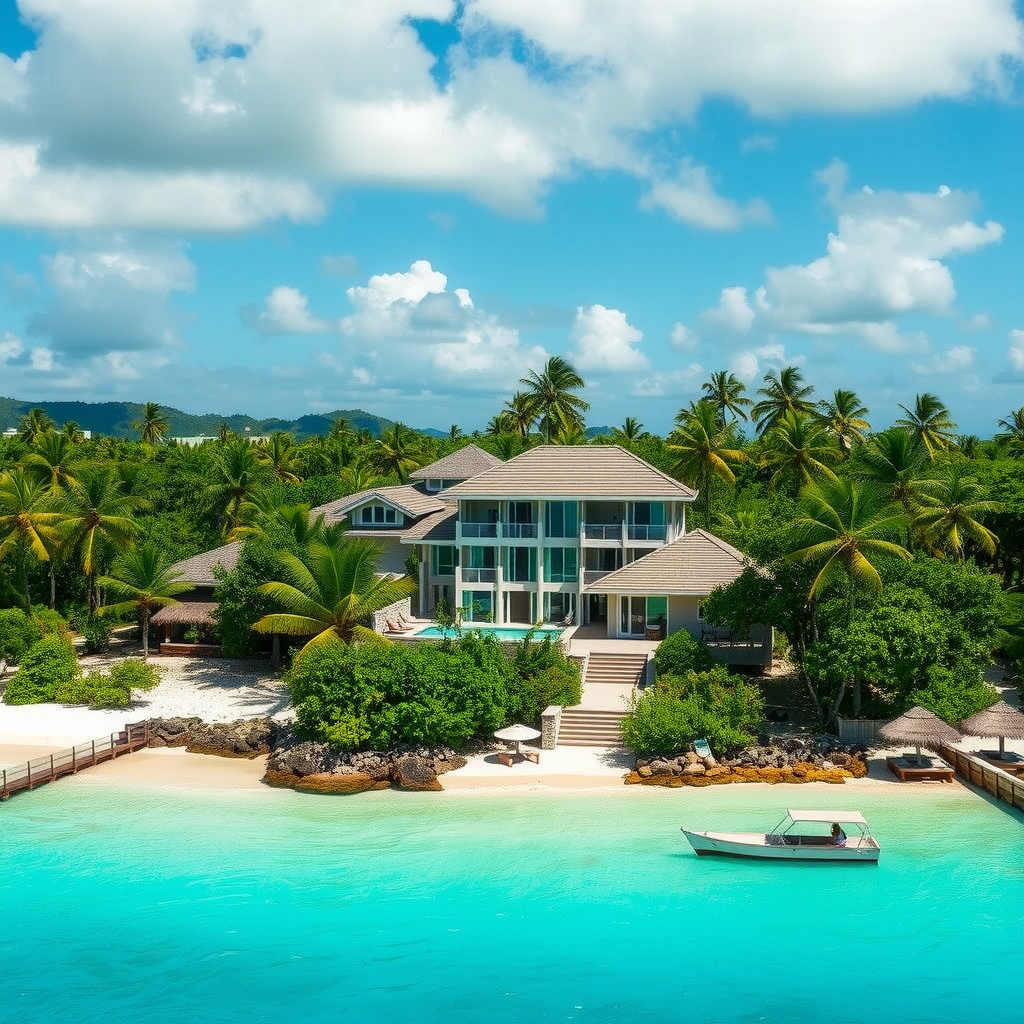 Exclusive private Caribbean island resort with pristine white sand beaches, crystal waters, and luxury beachfront villas